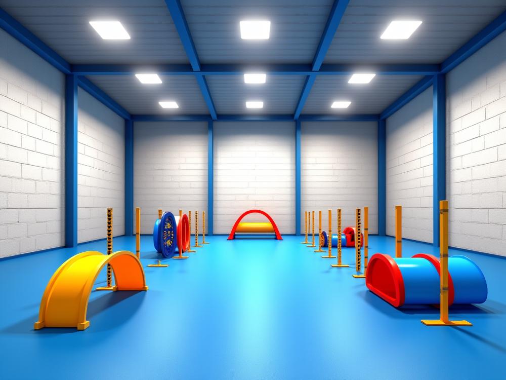 Spacious indoor dog training facility with a variety of agility equipment like tunnels, A-frame, and weave poles.