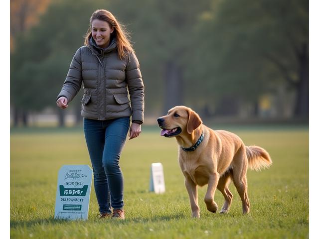 Dog and handler performing a rally obedience exercise with cue cards.