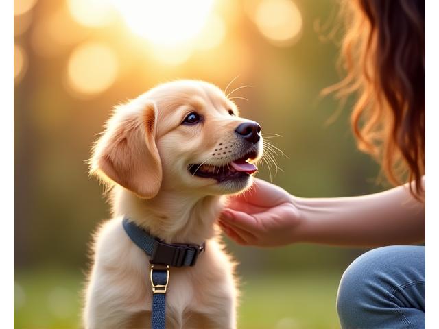 A joyful golden retriever puppy looking up at its owner, who is gently petting it during an outdoor training session, symbolizing positive reinforcement and connection.