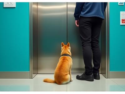 Dog calmly waiting by owner at HDB lift lobby