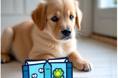 Puppy on a leash with a training guide overlay