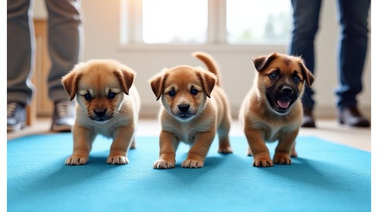 Group of diverse puppies engaging in supervised play on a soft mat.