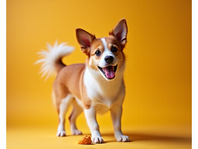 A happy dog with its tail wagging, standing proudly over a discovered hidden treat