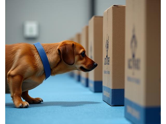 Dog performing a container search, actively sniffing a line of boxes for a target scent