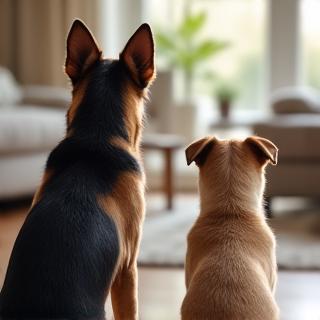 Two dogs, one large and one small, calmly waiting their turn for a scent game, demonstrating turn-taking