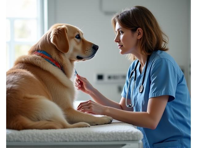 Veterinarian gently examining an older dog, discussing specific age-related concerns with the owner, symbolizing understanding and care.