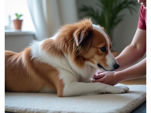 A therapist gently assisting an older dog with a low-impact stretch on a soft mat, focusing on joint health and comfort.
