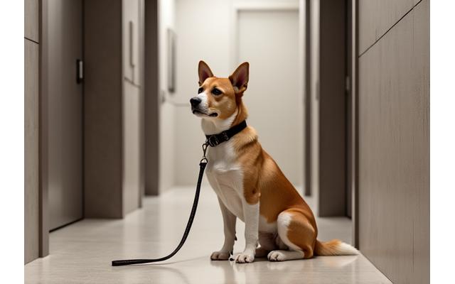 A well-behaved dog calmly waiting by an elevator door with its owner.