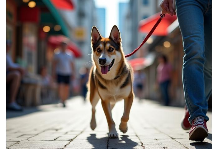 A dog and owner navigating a bustling city street calmly on leash.