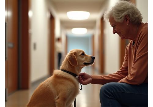An elderly neighbor smiling and petting a well-behaved dog in a common apartment hallway.