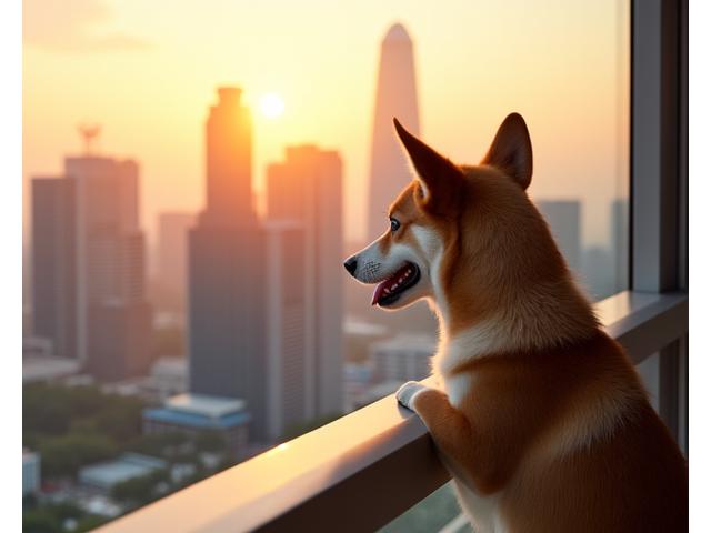 A confident dog sits calmly on a balcony overlooking the Singapore skyline, illustrating harmonious urban living.